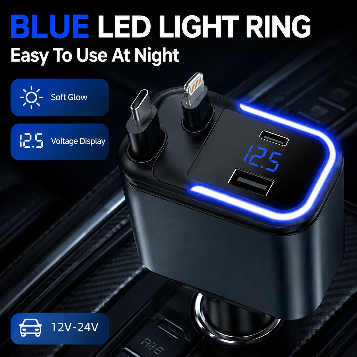 180W Retractable Car Charger 4 in 1 USB C Lightning Compatible Cable Fast Charging Adapter 180 Degree Rotatable LED Display