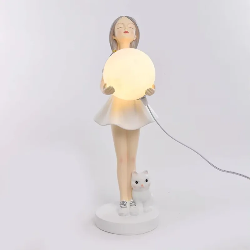 

Cute Resin Girl Statue Led Table Light Bedroom Nordic Home Decoration Creative Children's Room