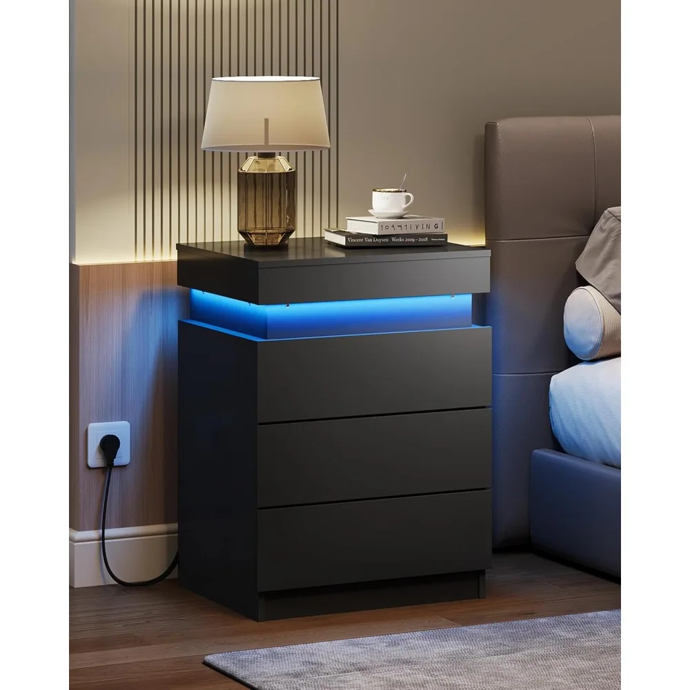 

Black Nightstand with Charging Station & LED Lights, Modern Night Stand with 3 Drawers and Sliding Top, Bedside, Customized