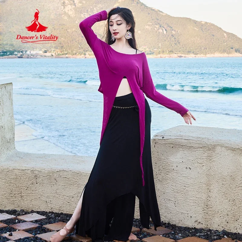 Belly Dance Practice Set for Women Loose Long Sleeved Top+Sexy Fishtail Long Skirt 2pcs Adult Oriental Dancing Training Clothes