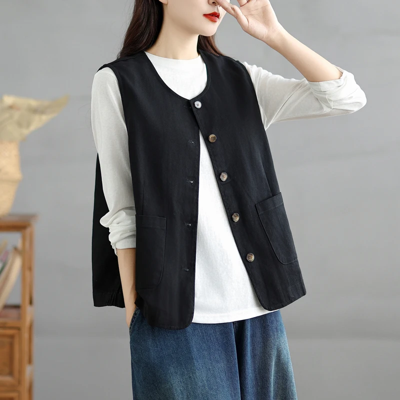 

Тонкий круглый жилет для похудения, повседневный жилет без рукавов, свободный крой, осенний новый женский топ, верхняя одежда из смеси хлопка