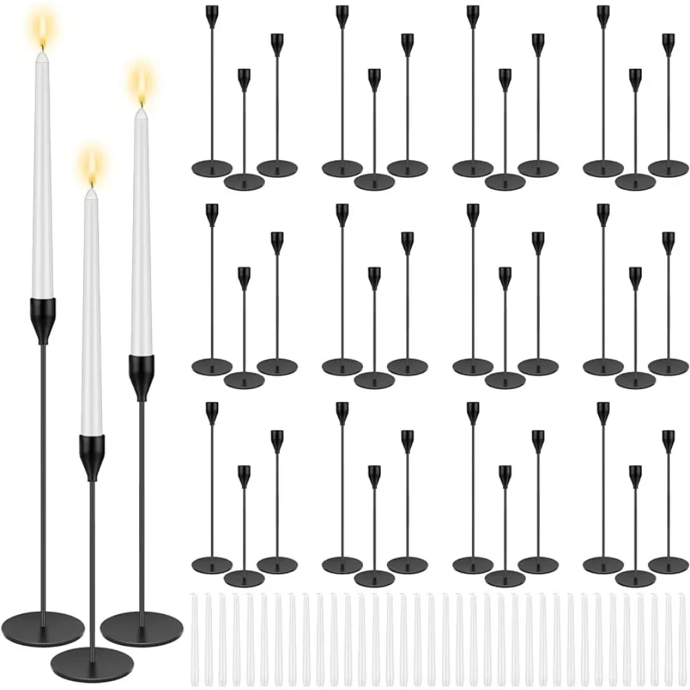 

72 Pcs Black Candle Holders Set Include 36 Pcs Black Taper Candlestick Holders, 36 Pcs White Taper Candles, Candle Stick Holder