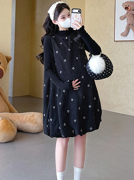 autumn-winter-embroidered-flower-bud-skirt-dress-maternity-clothes-high-neck-half-button-ear-look-korean-style-velvet-material