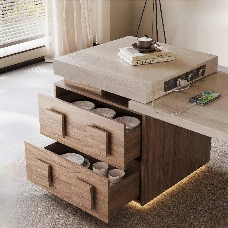 Household Retractable Travertine Rock Slab Medium Ancient Style Kitchen Middle Island Table IntegratedX15