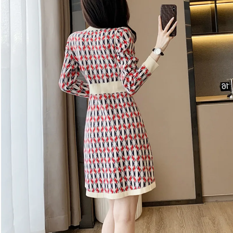 #0937 Office Plaid Sweater Dress Women Vintage A-line Dress Round Neck Buttons Slim Fit Sexy Stretch Retro Dress Spring Autumn