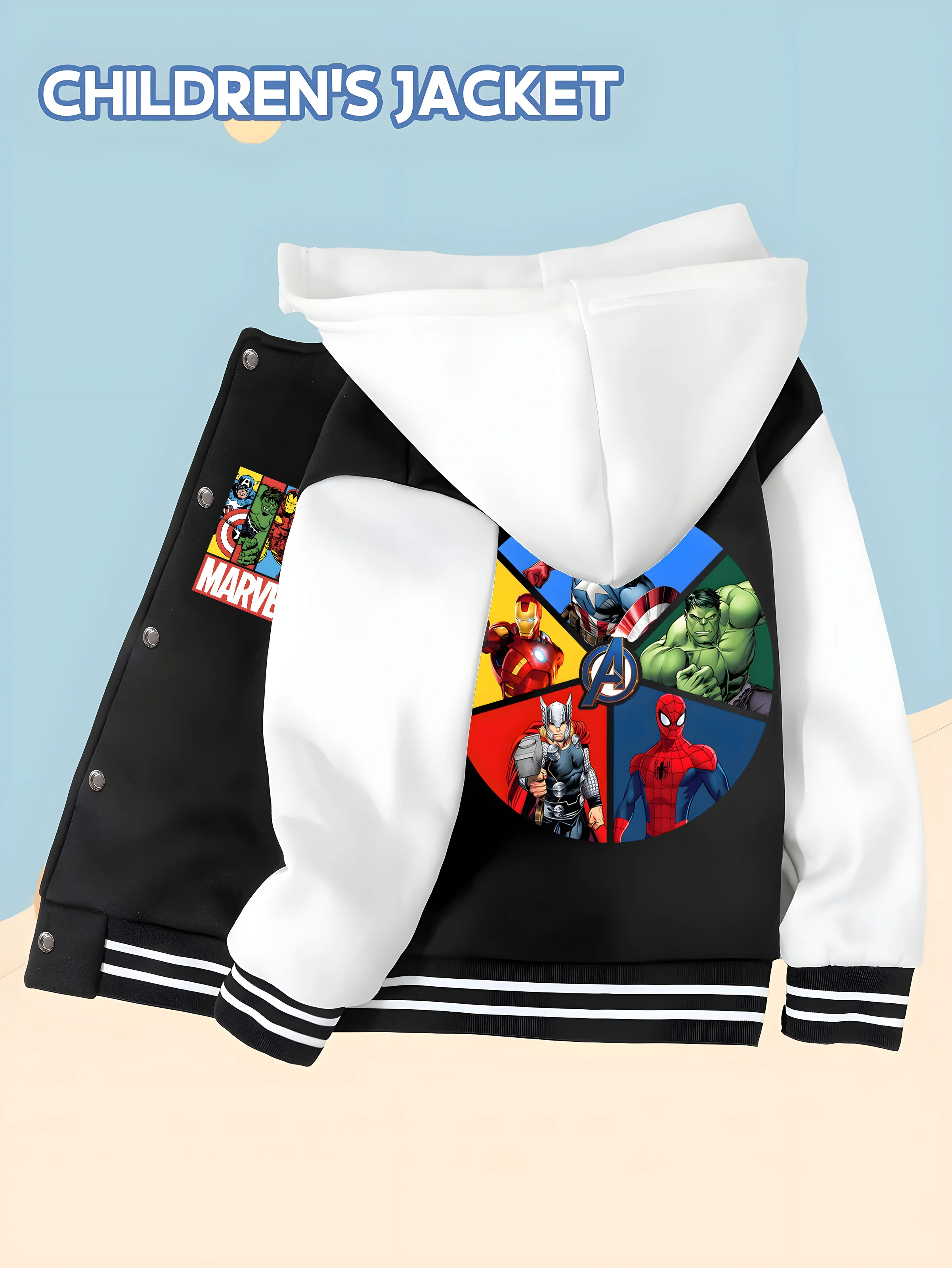 

MINISO Marvel Boys' Baseball Jacket - Avengers Hero Print, Double-Sided Pattern, Comfortable Fabric, Black and White, Trendy