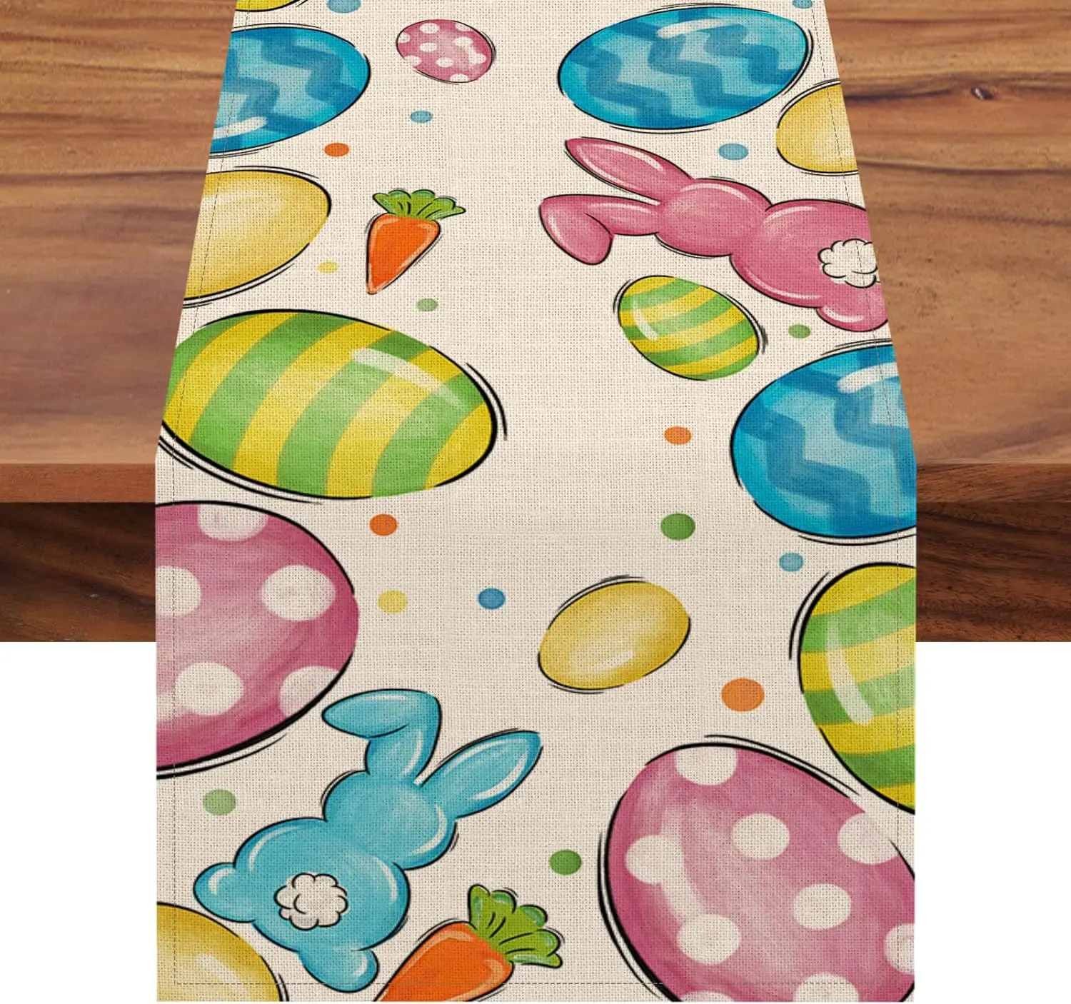 

Easter Eggs Rabbit Carrot Easter Linen Table Runner Spring Colorful Polka Dots Bunny for Home Dining Table Holiday Party Decor