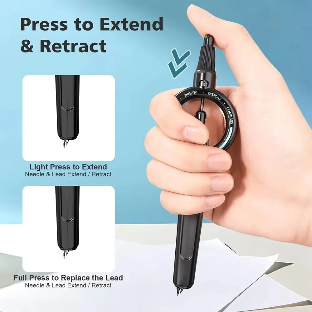 Push-Button Control Digital Display Compass ABS Integrated Ruler Visible Radius Scale Geometry Drawing Compass