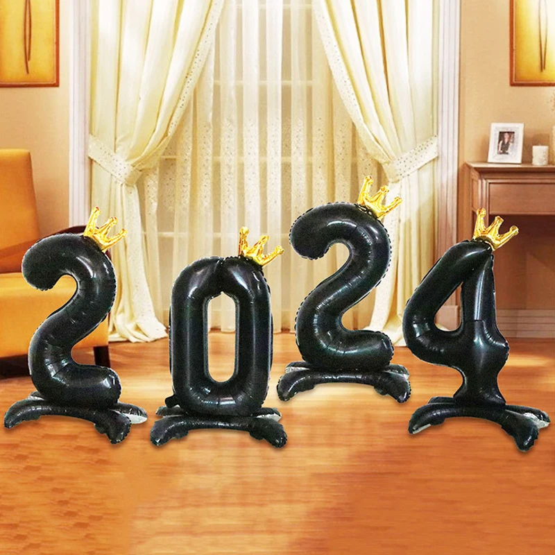 1Pc 40Inch Golden Crown Digital Black Balloon 0-9 Digital Balloon With Base Birthday Party Anniversary Decoration Shower Balloon