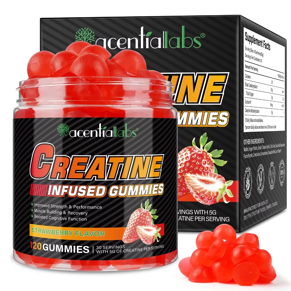 Creatine Monohydrate Gummies 5000mg for Muscle Strength Recovery & Pre-Workout Energy Boost, Sugar-Free Vegan Strawberry, 120 Ct