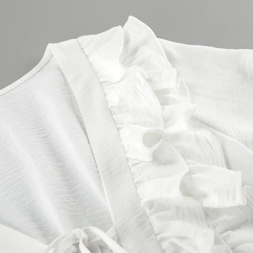 Jhjn branco feminino mini vestido profundo decote em v em camadas babados vestido rendas mangas alargamento vestidos mini saia sexy vestido de festa elegante