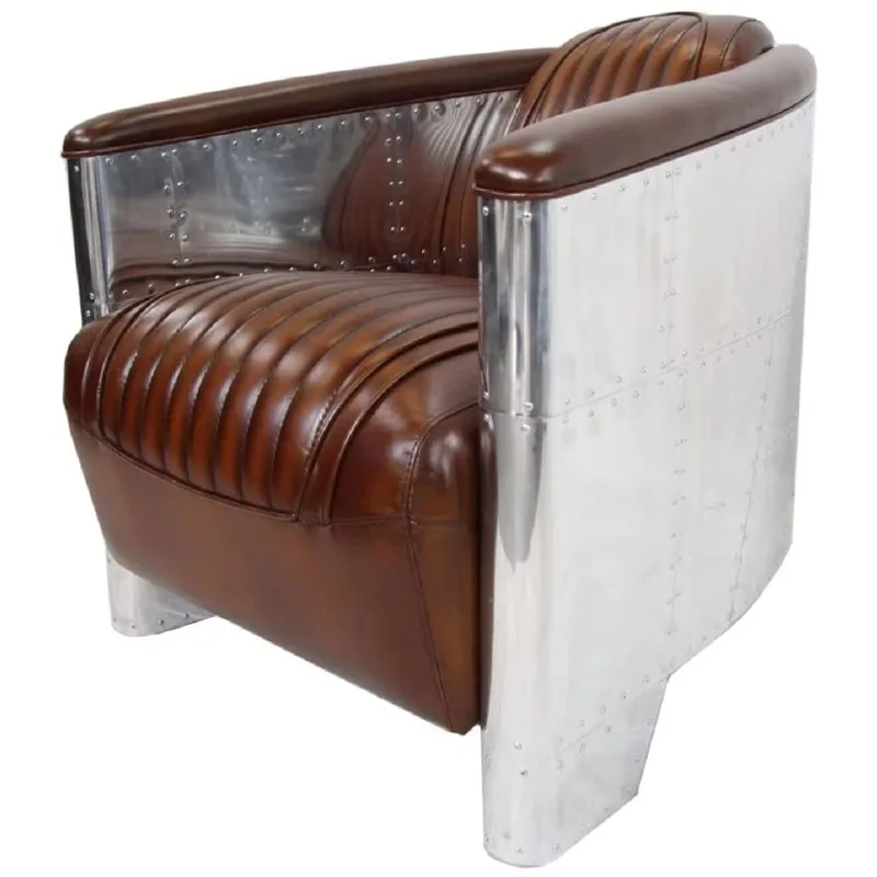 Deluxe Art Deco Leather Armchair Dark Brown Antique Aluminum Leather Cover Single Seat Pilot Sofa view 6