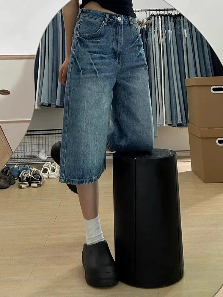 

Loose High Waist Blue Denim Jeans Women's Summer Wide Leg Straight Cut Ripped Knee Length Pants Vintage American Sle