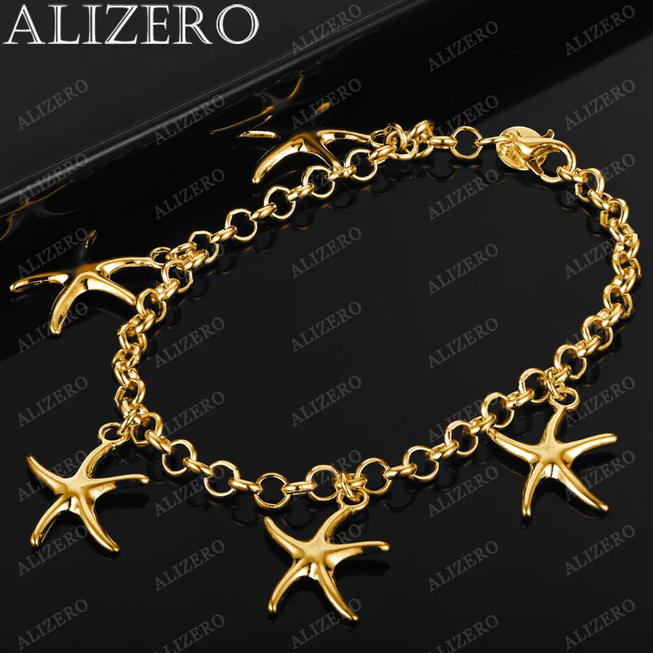 

ALIZERO 18K Gold Five Starfishs Charms Bracelets For Women Fine Jewelry Wedding Banquet Party Gift Personality Fashion Bracelet