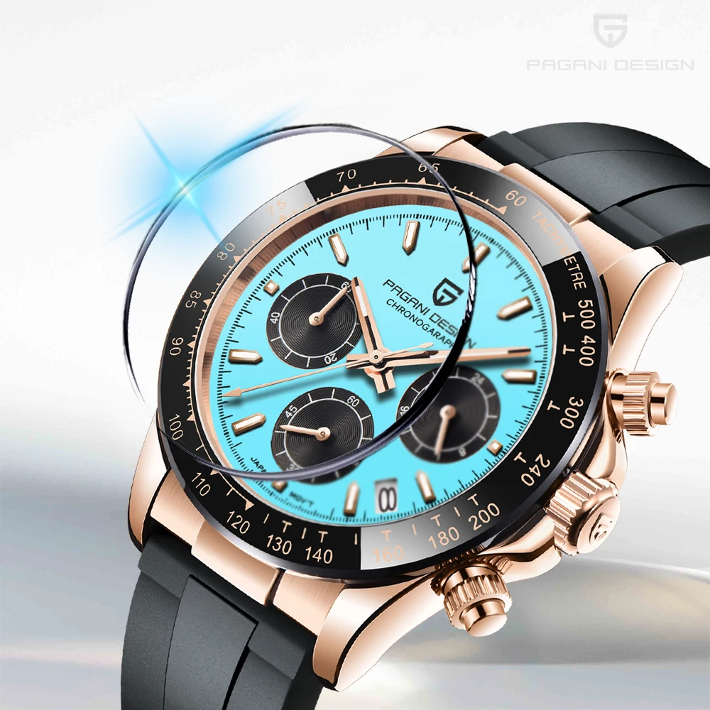 PAGANI DESIGN Reloj de cuarzo de estilo deportivo luminoso resistente al agua esfera azul de oro rosa regalo de Festival de moda reloj para hombre + caja
