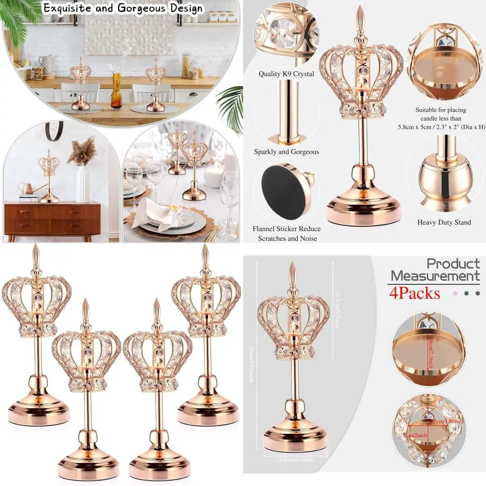 

4 Pcs Gold Crystal Candle Holders Crown Candlestick 13.8 Inches Tealight Holders Metal Clabra Vintage Votive Candlesticks Elegan
