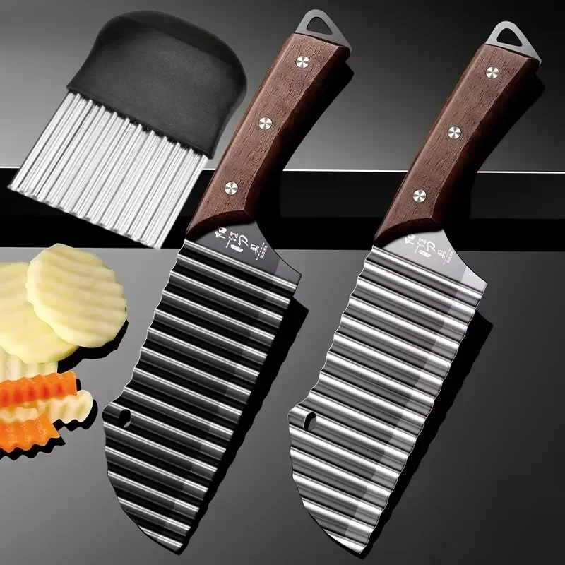Stainless Steel Knife Potato Cutter Handheld Chipper Chopper Vegetable Salad Chopping Knife Home Kitchen Wavy Blade Cutting Tool