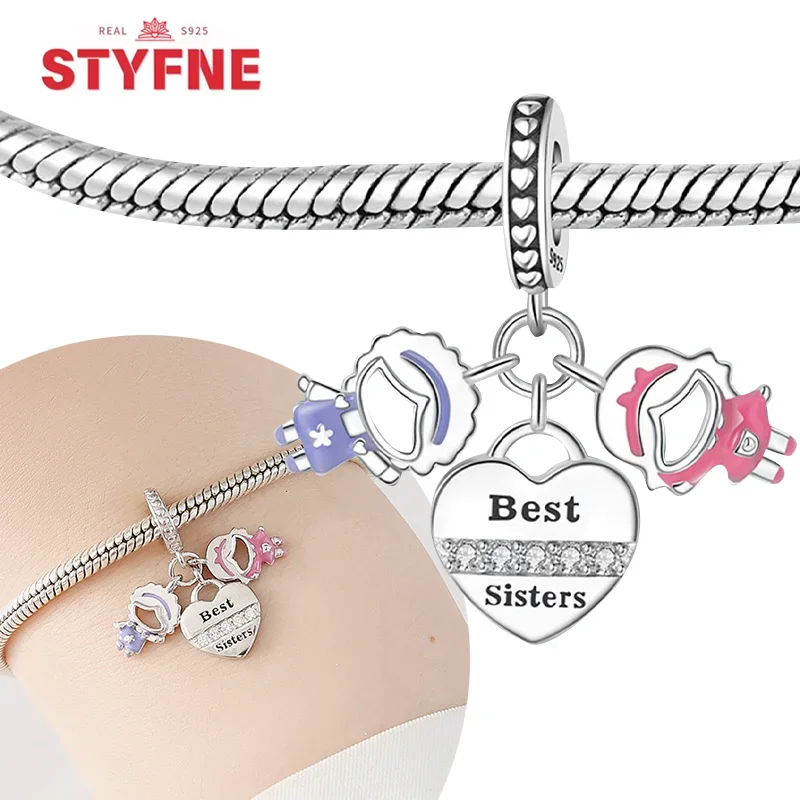 

Real Silver S925 Forever Sisters Love Pendant Charms Bead Fit Original Bracelets DIY Jewelry Fine Gift for Women Party Accessory