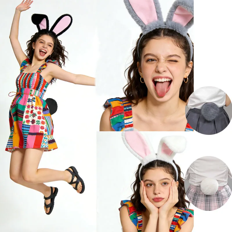 

Набор из 4 предметов: плюшевая повязка на голову с ушками и хвостом кролика для образа в стиле коттеджкор/кокетка, пушистый хвост, кавайный фестивальный косплей-костюм