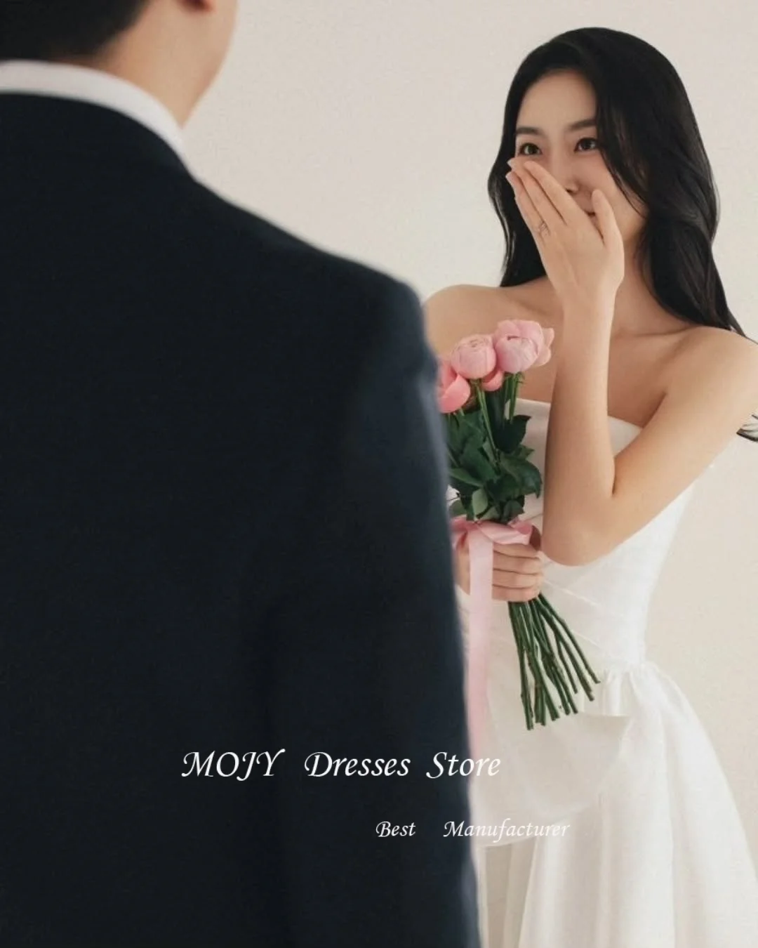 

Mojy Elegant Bow Wedding Party Dress Pleat Strapless Ivory Silk Taffeta Korea Photo Shoot Bridal Reception Gown Customized