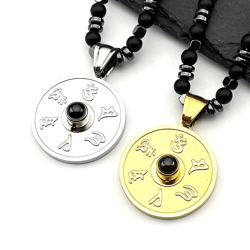 

Buddhism Six Word Mantra Projection Pendant Necklace for Men Women Stainless Steel Gold Color Hematite Chain Amulet Jewelry Gift