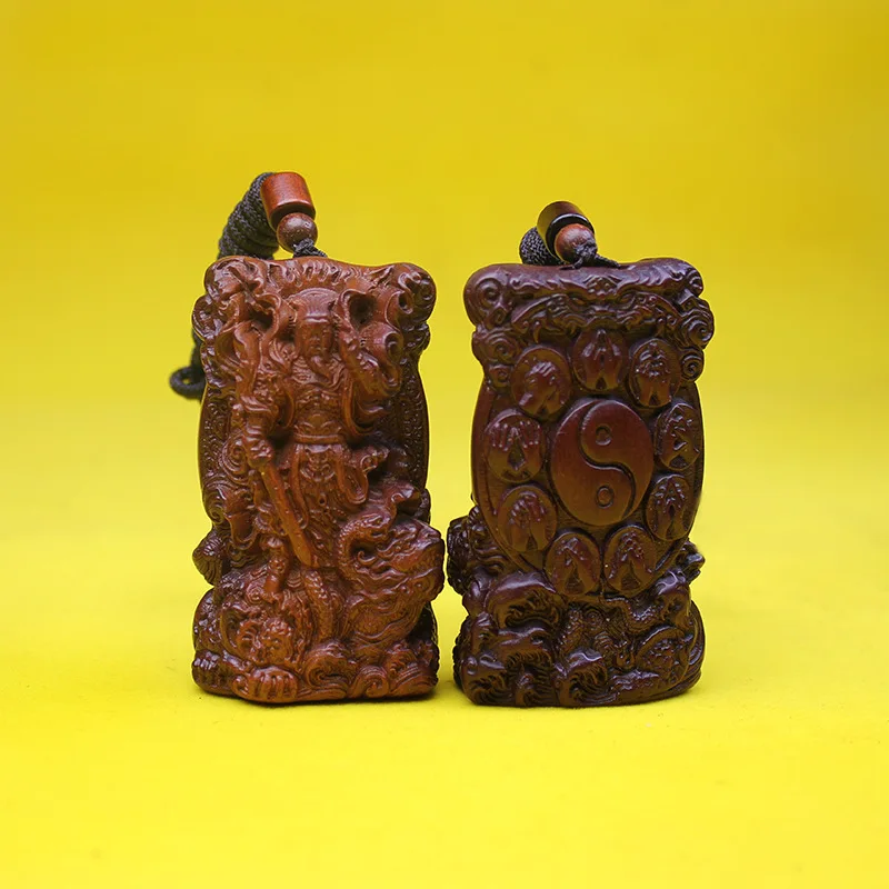 Chinese Traditional Thunder Struck Jujube Wood Pendant Double Sided Fine Carved Guan Gong Zhong Kui Amulet Good Luck Blessing