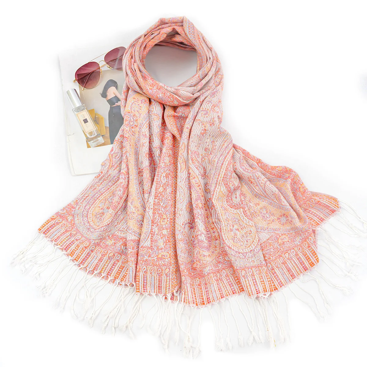 A vintage paisley cashew rayon Pashmina ethnic style fringed scarf and shawl, suitable for daily outer decoration