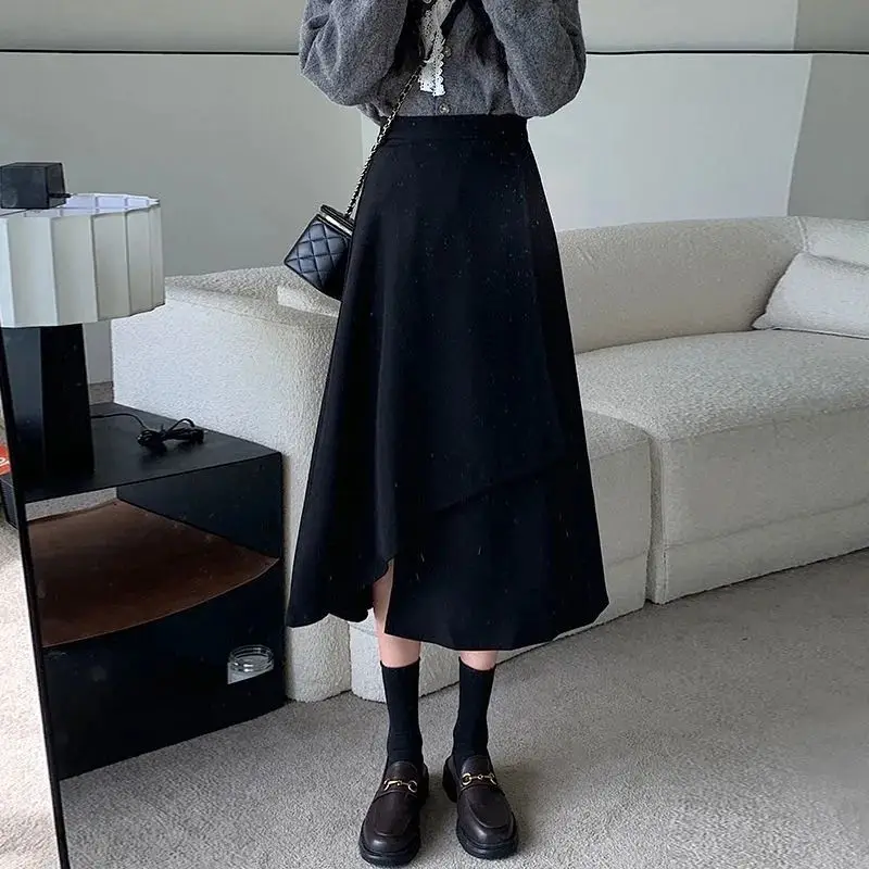 

2023 New Autumn Winter Fashion Women Skirts High Waist Slim Irregular Hem Black Skirts Office Lady Loose Simple A-Line Halfskirt