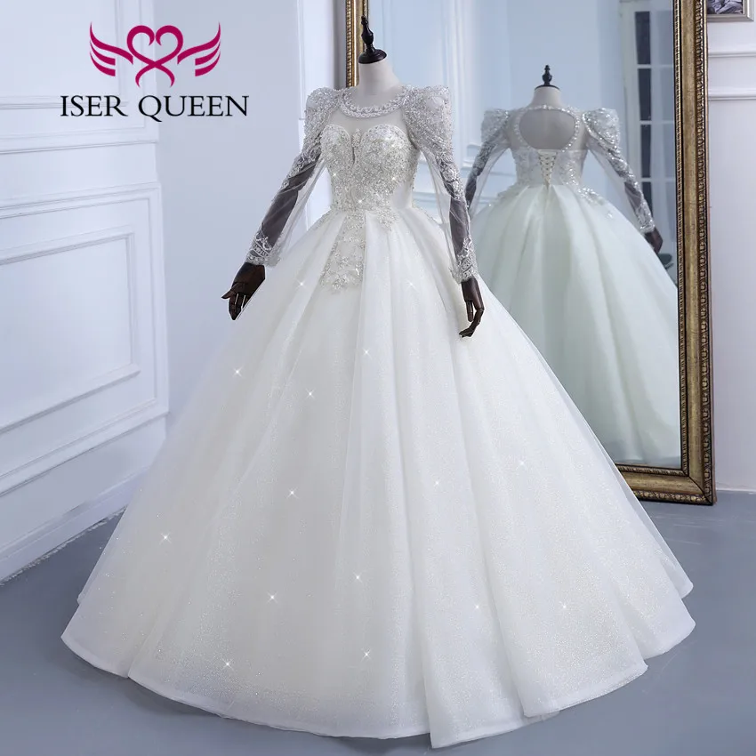 カスタマイズされたパフスリーブ夜会服のウェディングドレスアイボリーシャンパンカラーヘビービーズギルターチュールウェディングドレス結婚WX0306