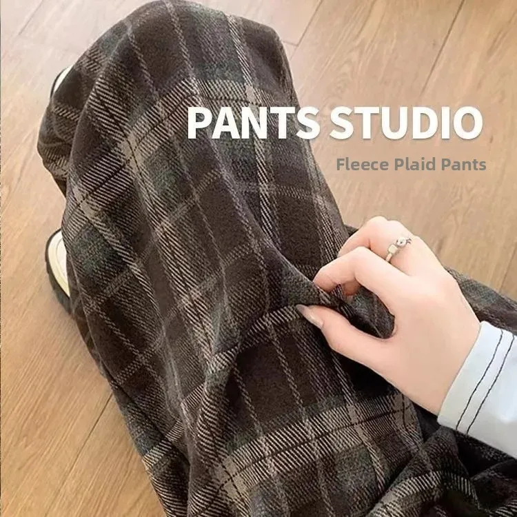 High Waist Straight Leg Woolen Trousers Autumn Winter New Style Casual Versatile Women's Pants Trendy Small Checkered Trousers