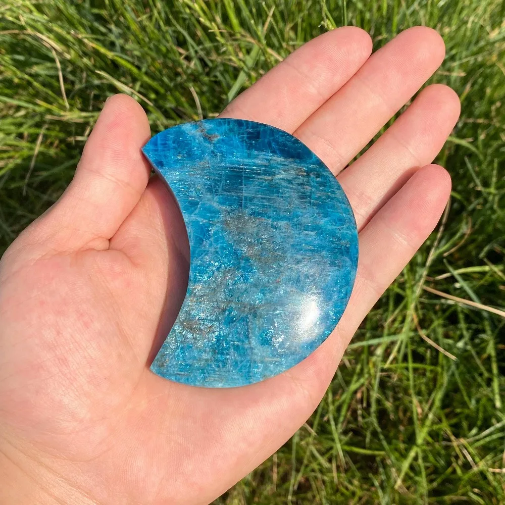 Natural Blue Apatite Moon Shape Ideal Gift for Mother's Day, Valentine's Day Birthday Home & Interior Decoration Bohemian Style