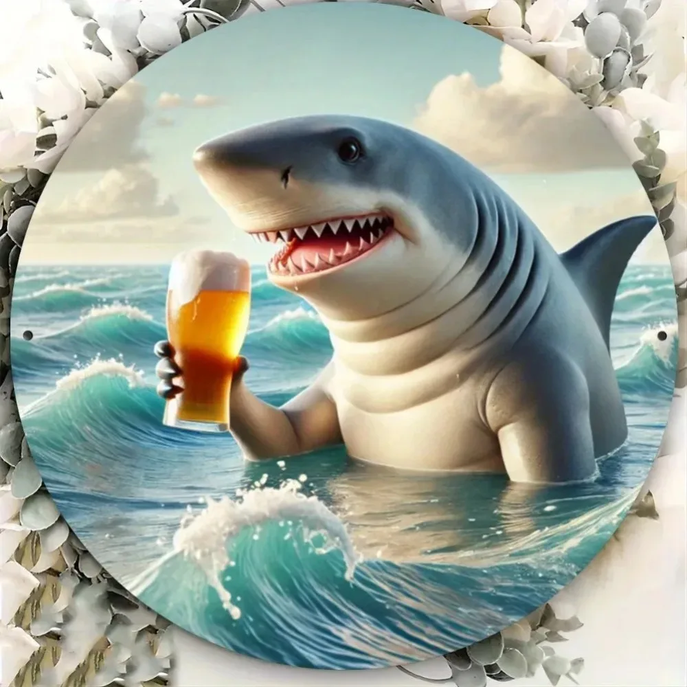 Shark Beer Wall Art Metal Sign, 2D Round Bar Cafe Decor for Home & Pub