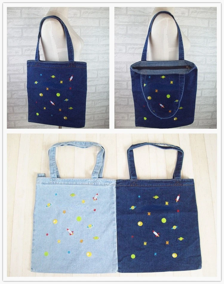 Large Capacity Shopping Bag Cartoon Embroidered Commuting Bag Denim Shoulder Bag Canvas Bag