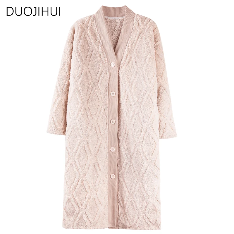 DUOJIHUI New Classic V-neck Chic Flannel Warm Female Sleepwear Basic Solid Color Fashion Simple Single Breasted Robes for Women