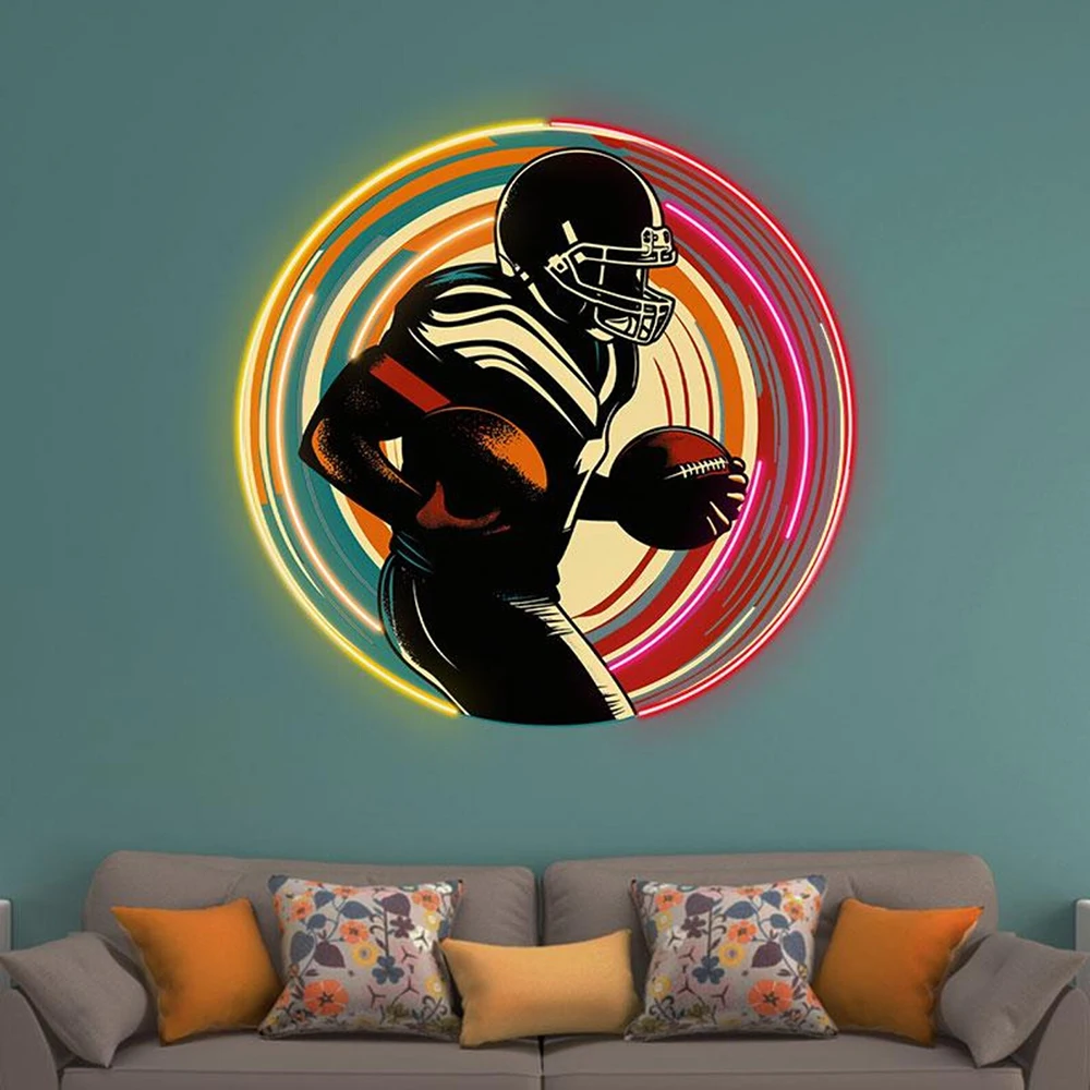 

Rugby Player Round Neon Sign Handmade Custom Sports Gym Room Decoration Led Light Playroom Bedroom Wall Hanging Decor Neon Signs