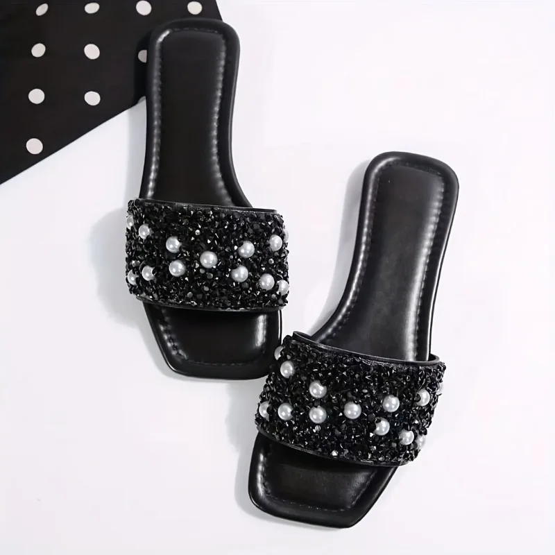 Large Size 2026 Women Summer New Item Sequin Rhinestone Flat Bottom Soft Sole with Comfortable Casual Slipper Women's Shoes