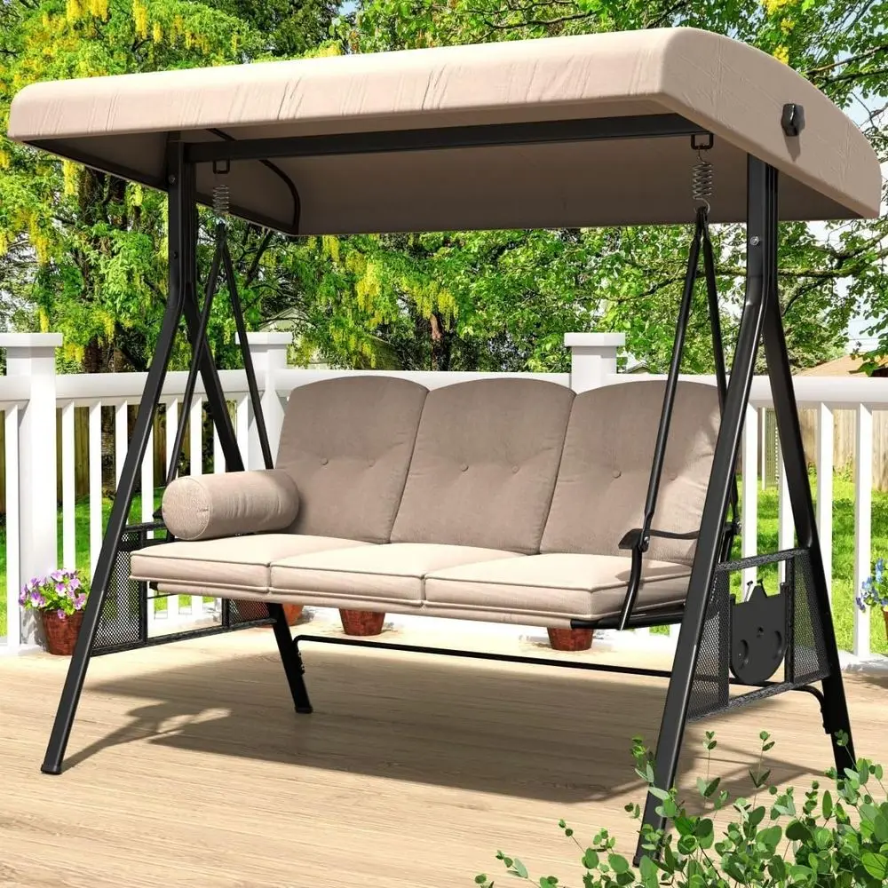Outdoor Porch Swing, 3-Seat with Adjustable, Adult Swings Beige Removable Cushions, Backyard, Garden, Yard, Poolside, Balcony