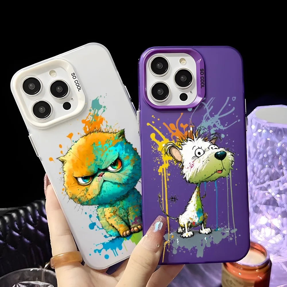 

Oil Painting Fat Cat Puppy Phone Case For iPhone 16 15 14 13 12 11 Pro Max Black Matte Multicolor Laser Metallic Aurora Cover