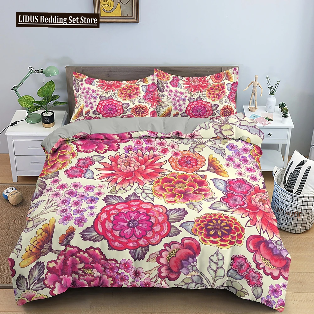 

Tropical Flower Leaf Duvet Cover Set Queen Vintage Floral Bedding Set Boho Style Comforter Cover Floral Polyester Quilt Cover