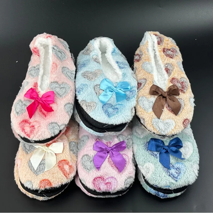 

House Slipper Women Heart Love Bow Knot Winter Warm Thick Fur Plush Grip Cute Funny Indoor Home Fluffy Female Floor Shoes Furry