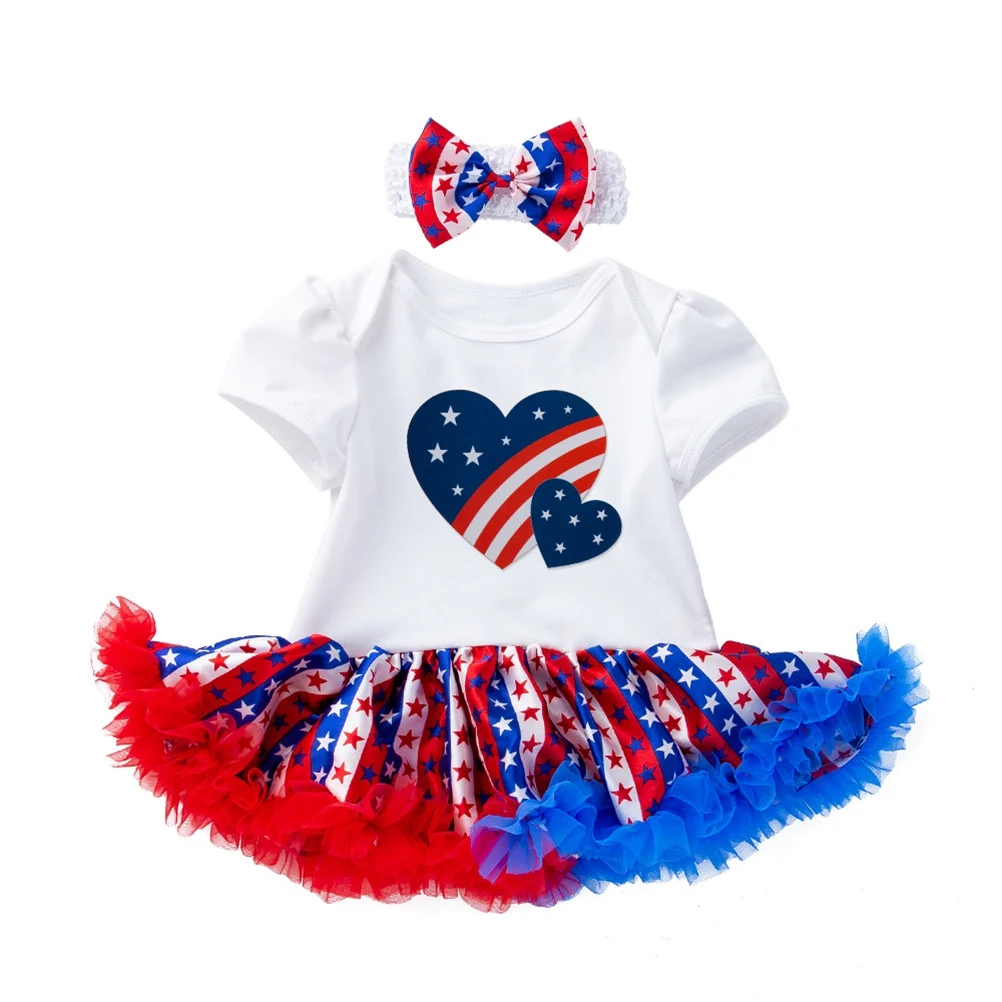 

Short Sleeve Romper Tutu Dress Headband Set for Toddler Girls Soft Cotton Lace Star Stripe Print Ideal for 4th July Holiday