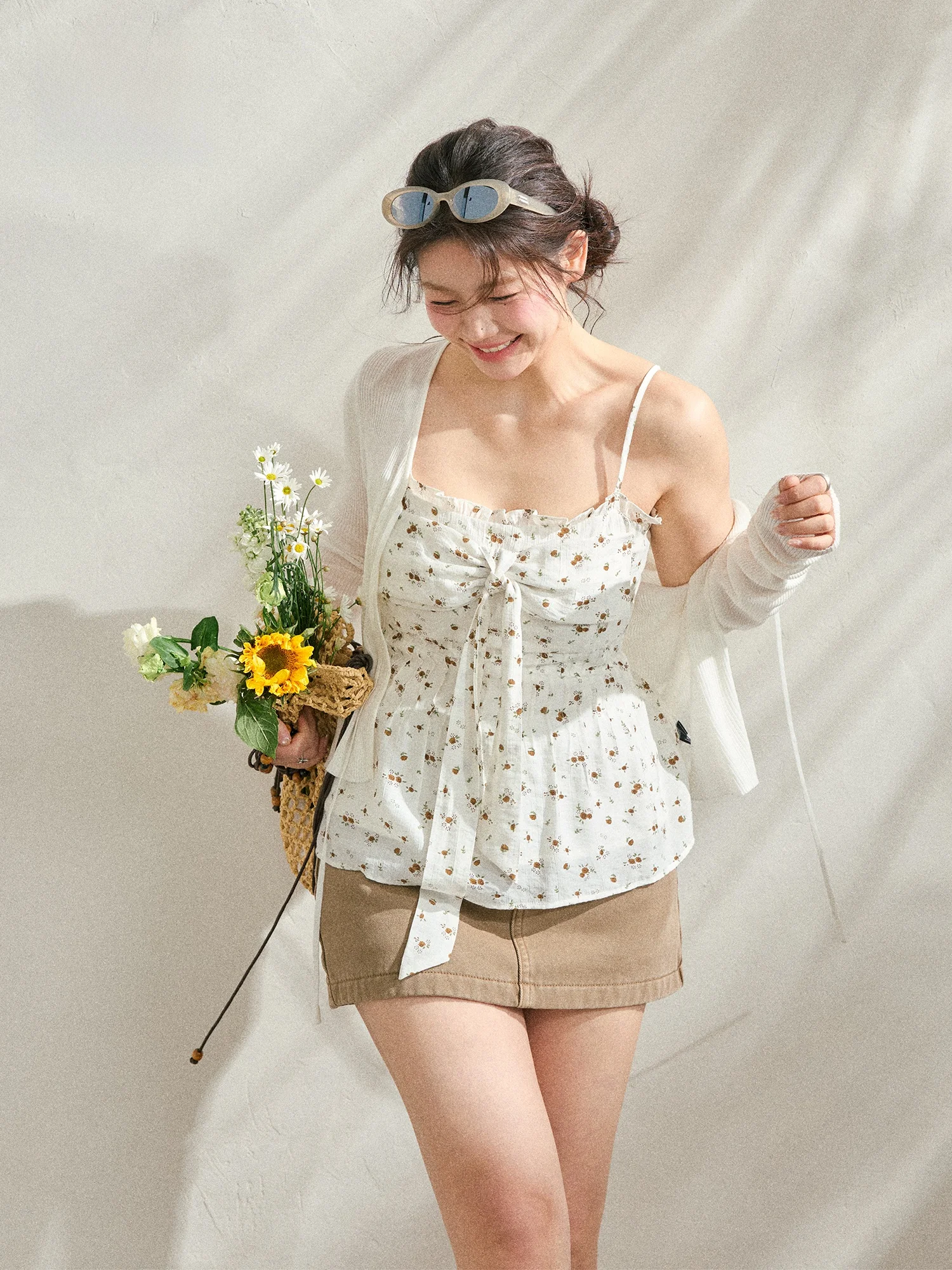 

plus Size Spring Faion Korean Sle Floral Print White Strapl Cardigan Coffee Color f Skirt Set for plus Size Women