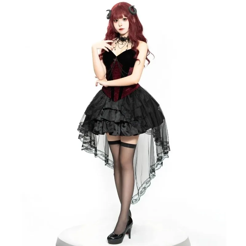 Adult Women Gothic Victorian Cosplay Costume Women Black Burgundy Lace Tiered Skirt Devil Witch Halloween Theme Party Outfit - view 4