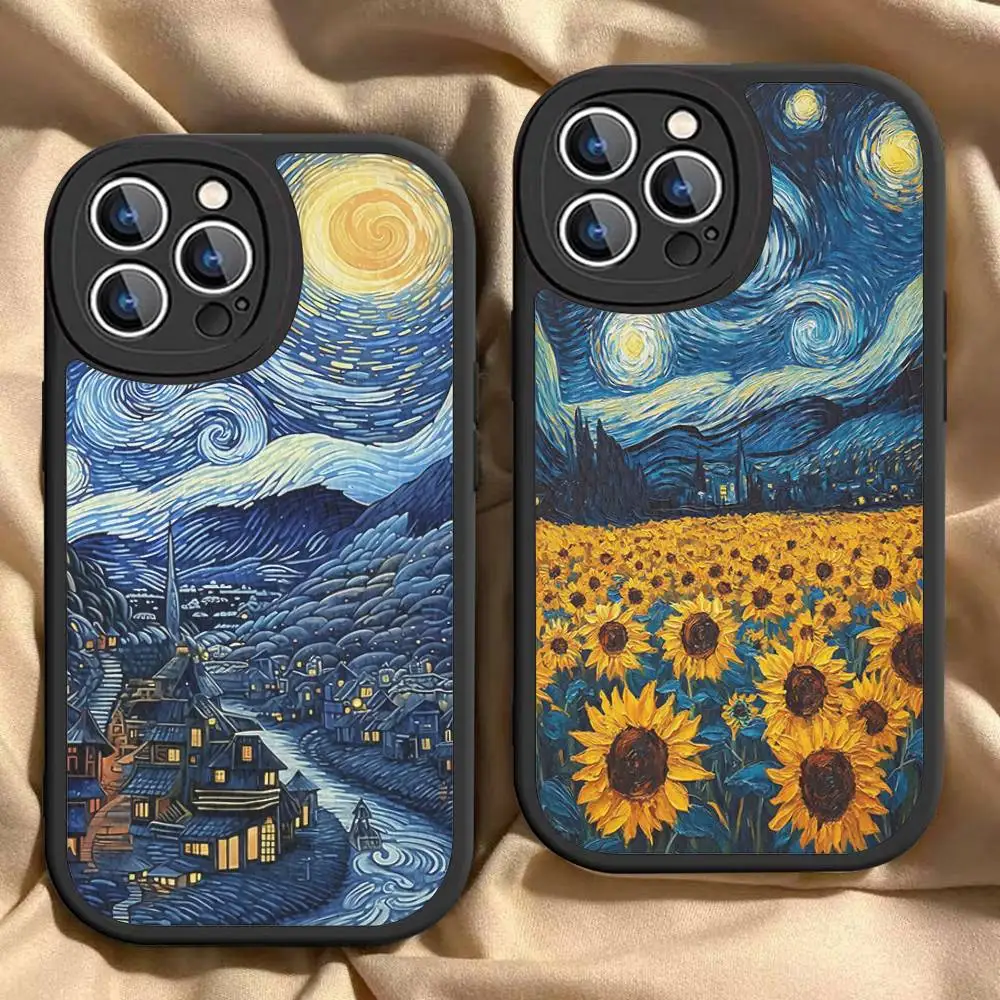 

Van Gogh Starry Sky Phone Case for iPhone 16 15 14 13 Pro Max 11 12 Plus Leather Silicone Cover