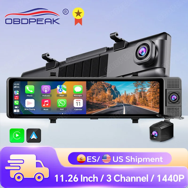 OBDPEAK K1 11.26 “ Carplay Android Auto 3 Cameras 2.5k+1080P+1080P Rearview Mirror Dash Cam Gps Navigation Video Recording DVR