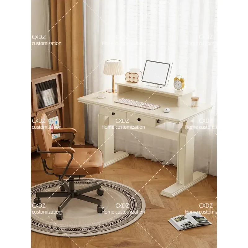 French Cream Style Smart Electric Height Adjustable Desk White Solid Wood Standing Workbench for Home Bedroom Computer Office