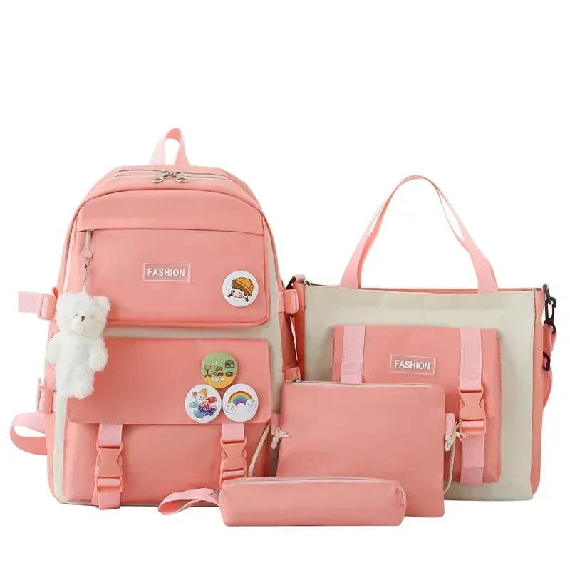 4 Piece Set Teenagers School Bag Canvas Shoulders Bag Solid Color Student High-capacity Girls Backpack Pencil Case Handbag