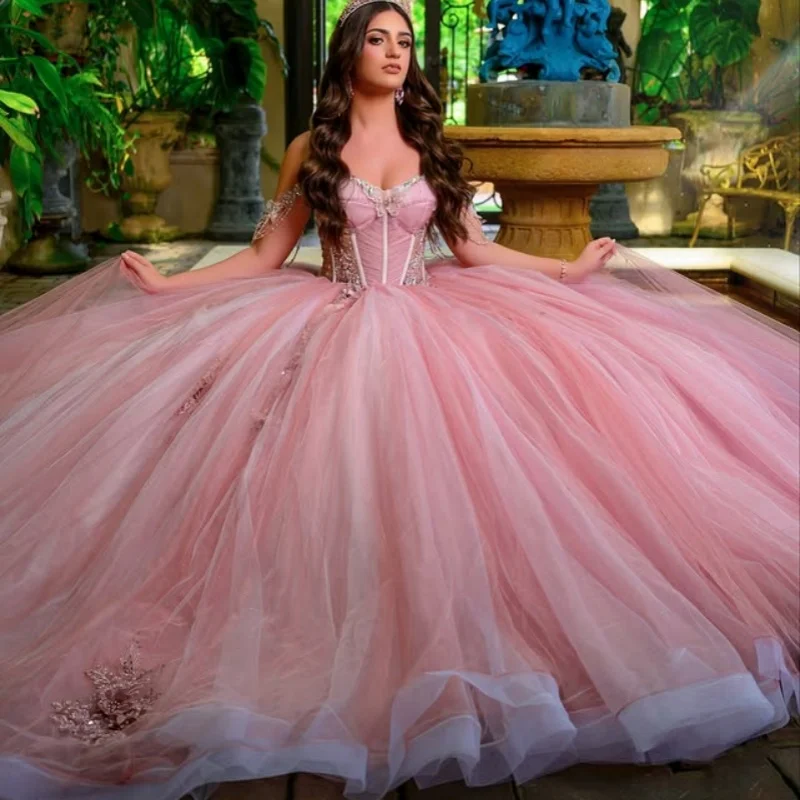 

Pink Quinceanera Dress off-shoulder glitter 3D flower Decal Long tail Vestidos De 15 Quinceanera ﻿Customize