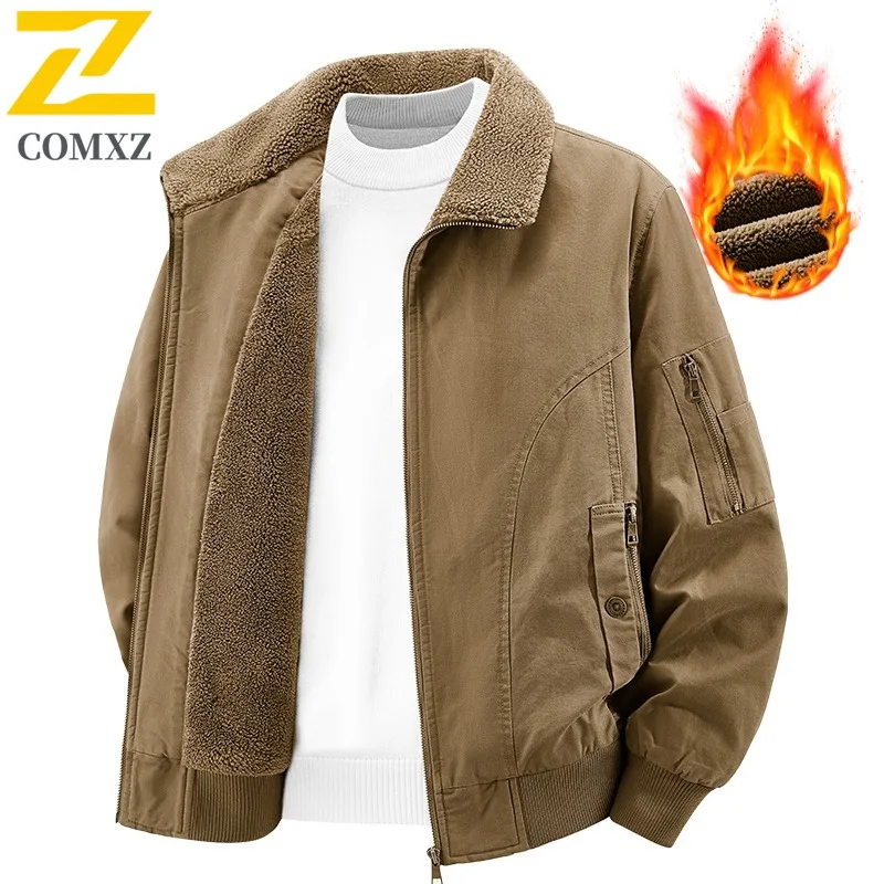

COMXZ Men Winter Parkas Fleece Lined Travel Thickened Thermal Padding Coat Lapel Pure Cotton Casual Cold Proof Mid Age Jacket