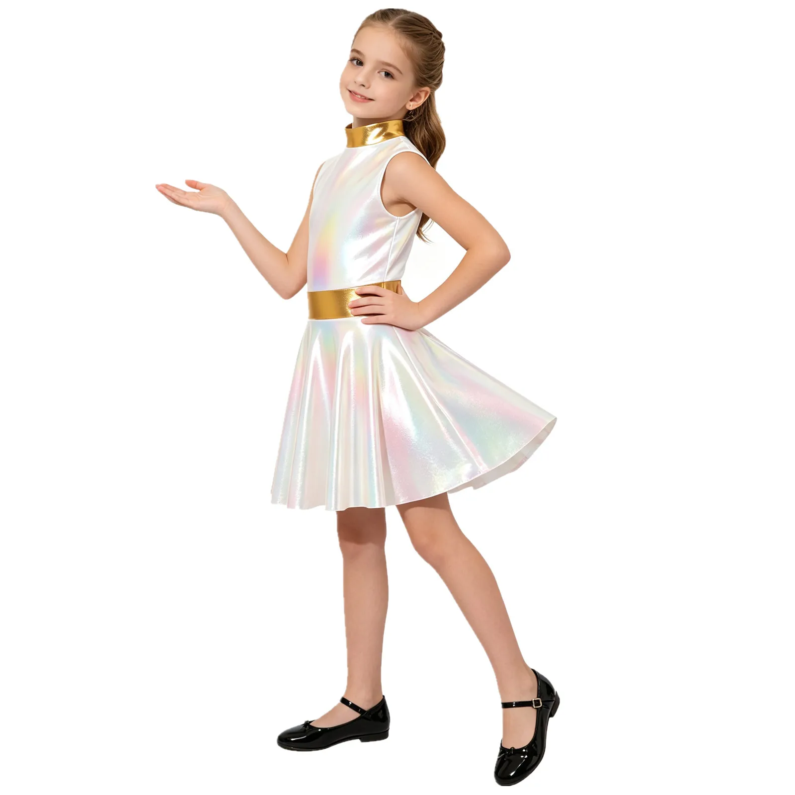 Children Girls Metallic Shiny Kpop Singer Costume Halloween Theme Party Space Alien Robot Role Play Dress Jazz Dance Dresses